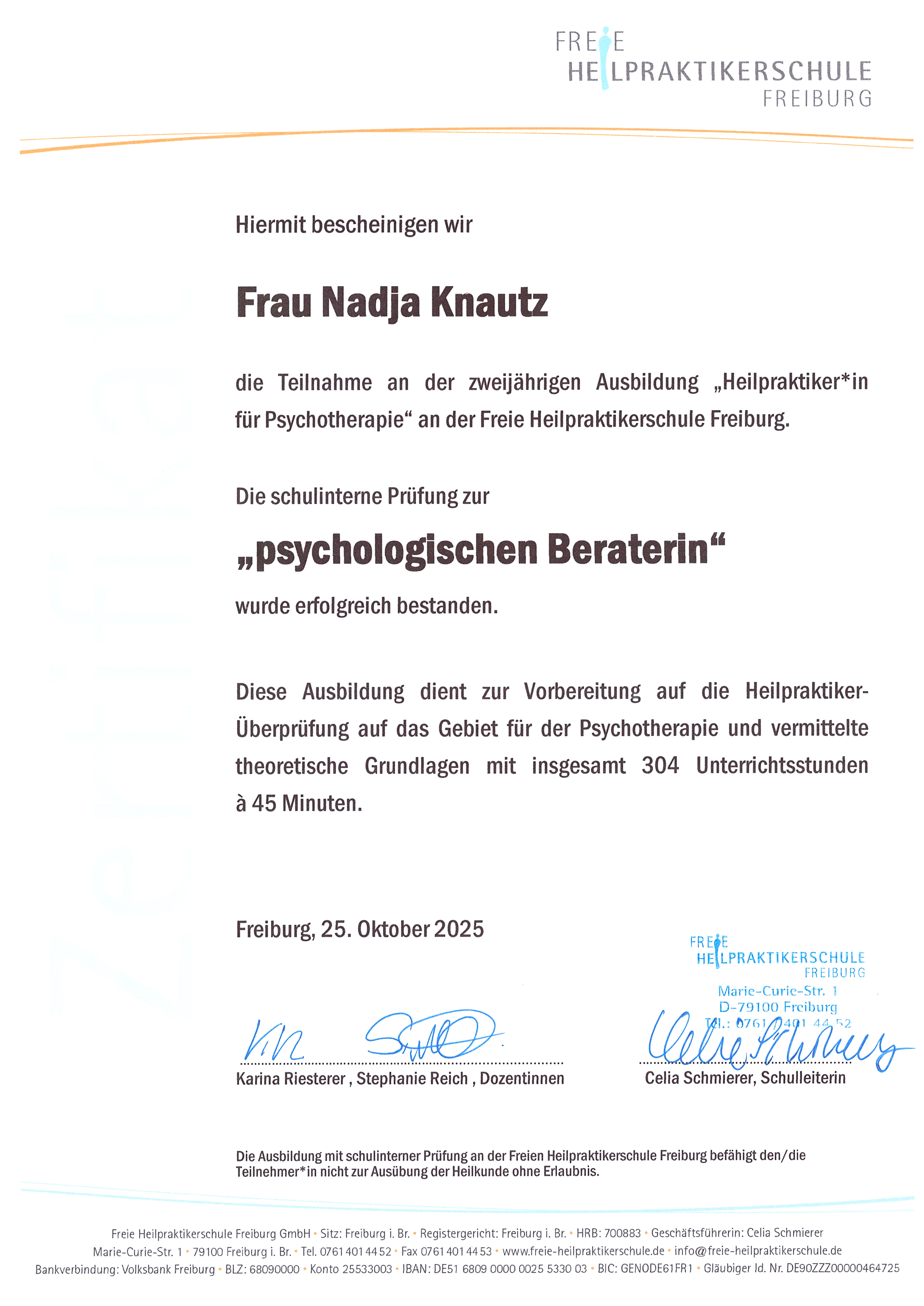 Zertifikat als psychologische Beraterin